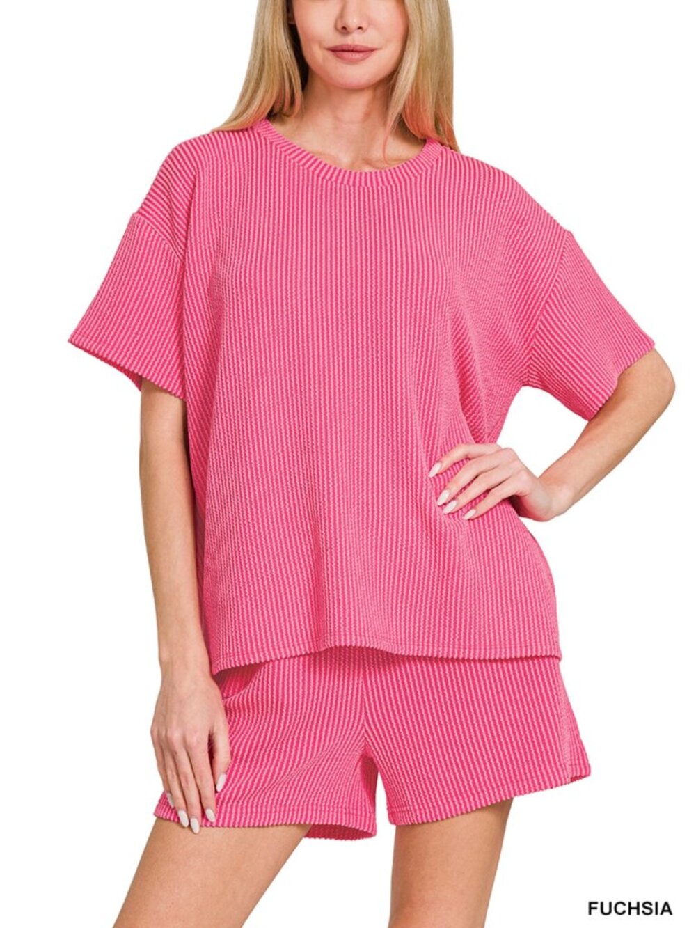 Zenana Womens Pink Raised rib short sleeve tee & short pants set NEW